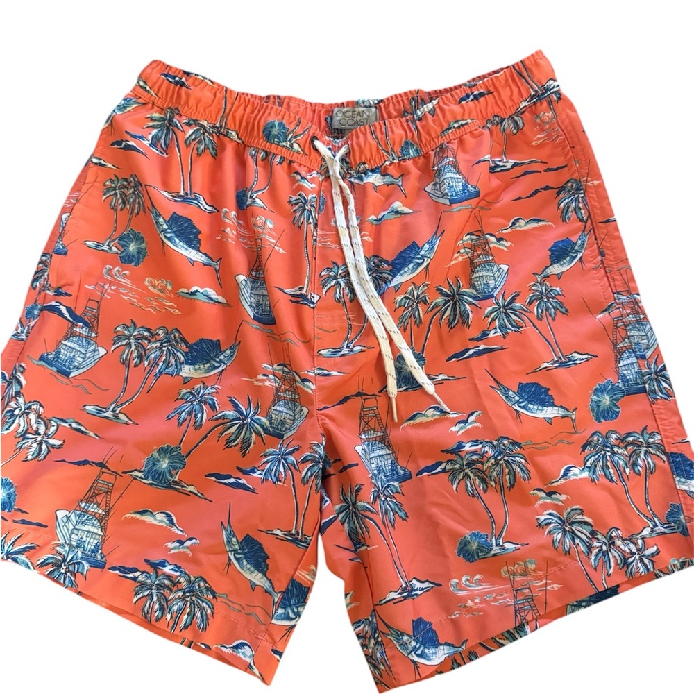 Vibrant Orange Tropical Men's Swim Trunks